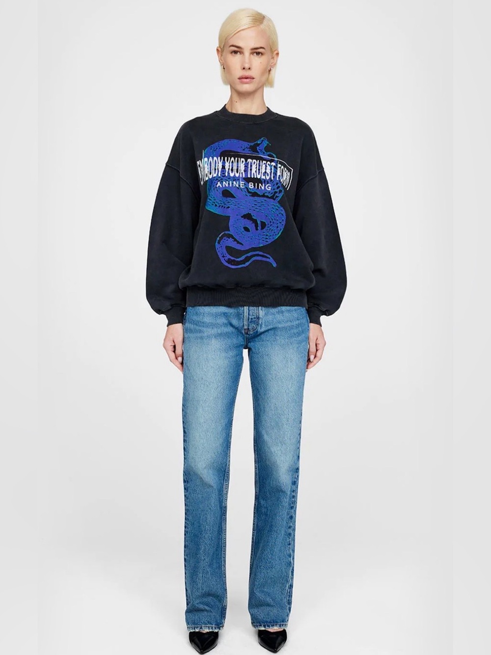 Anine Bing Jaci Viper Black Crewneck Sweatshirt Oversized French Terry Sweater